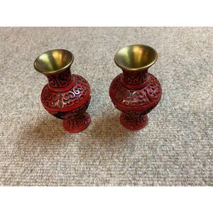 Tiny Red Japanese Brass Mouth Antique Hand Carved Vases